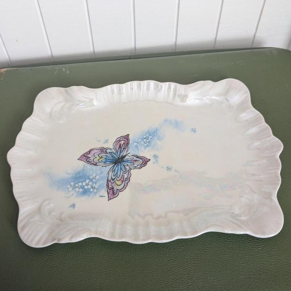 Vintage Handmade Incandescent Butterfly Trinket Tray
